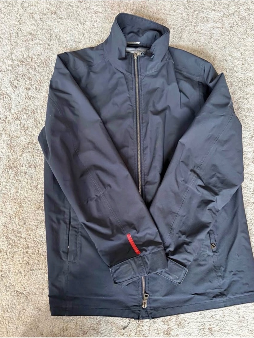 Prada Men's Navy Lightweight Zip Jacket with Red Cuff Accent